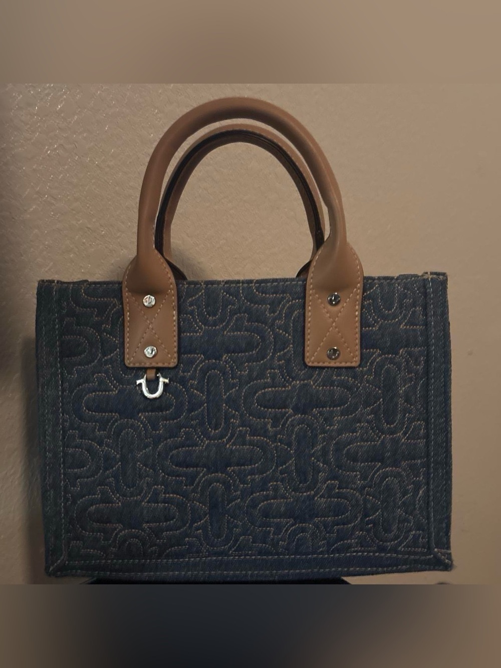 True Religion Blue Denim Tote with Tan Handles